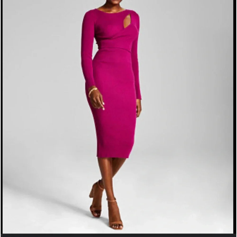 And Now This Women's Raspberry Cutout Long-Sleeve Ribbed Sweater Dress